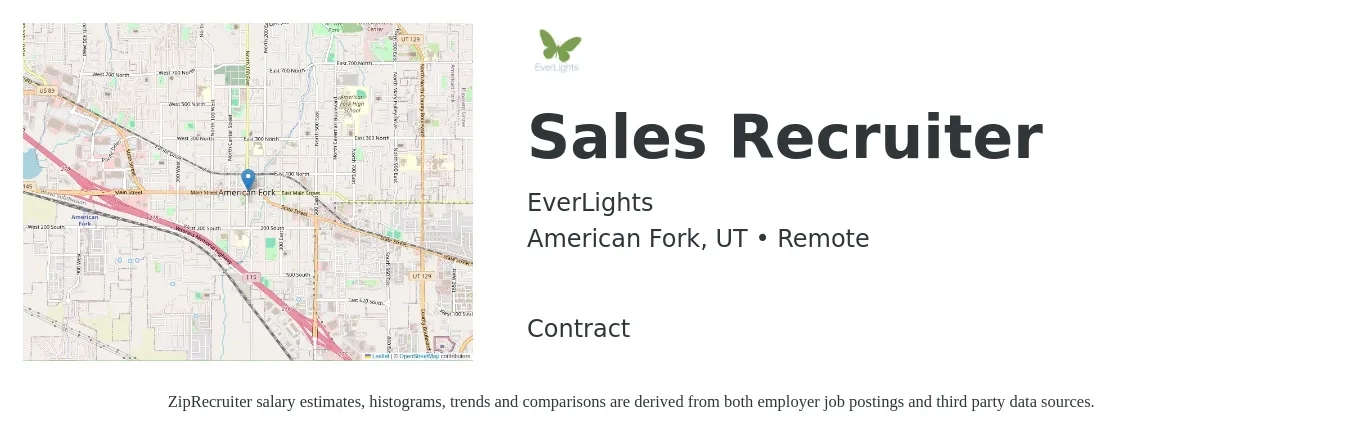 EverLights job posting for a Sales Recruiter in American Fork, UT with a salary of $38,400 to $62,600 Yearly with a map of American Fork location.