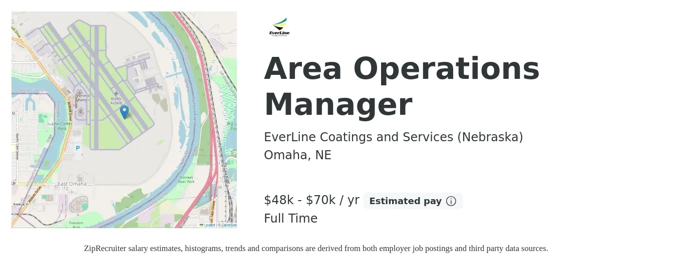 EverLine Coatings and Services (Nebraska) job posting for a Area Operations Manager in Omaha, NE with a salary of $48,000 to $70,000 Yearly and benefits including pto, and retirement with a map of Omaha location.