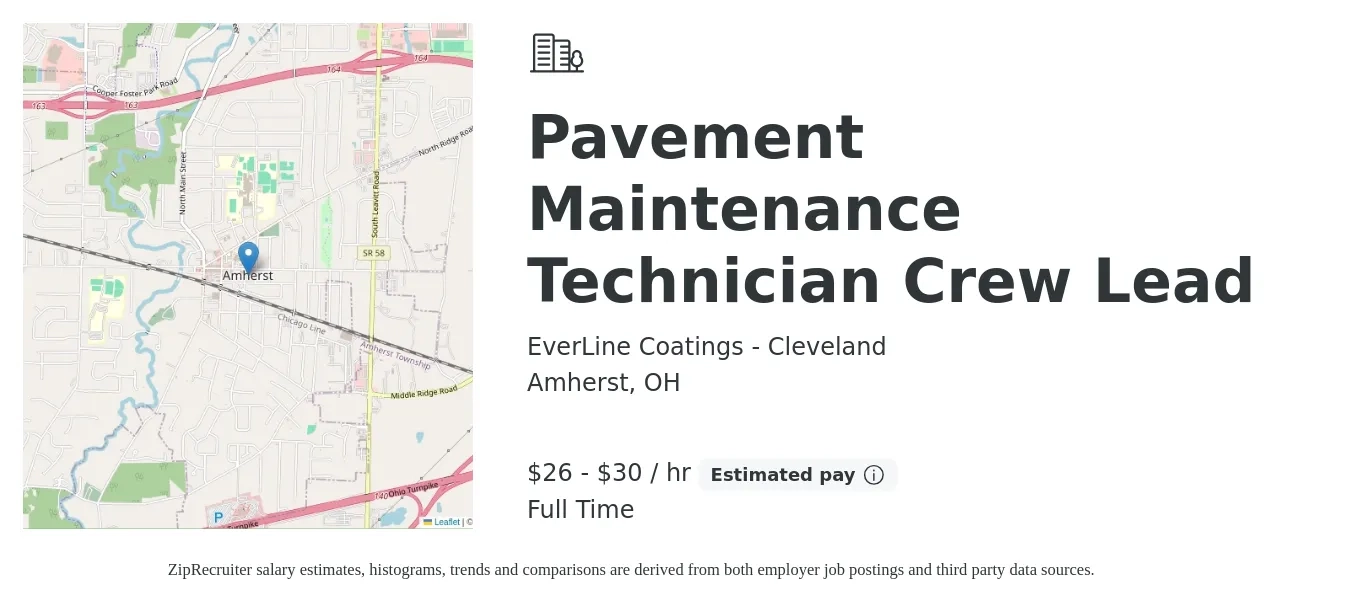 EverLine Coatings - Cleveland job posting for a Pavement Maintenance Technician Crew Lead in Amherst, OH with a salary of $20 to $27 Hourly with a map of Amherst location.