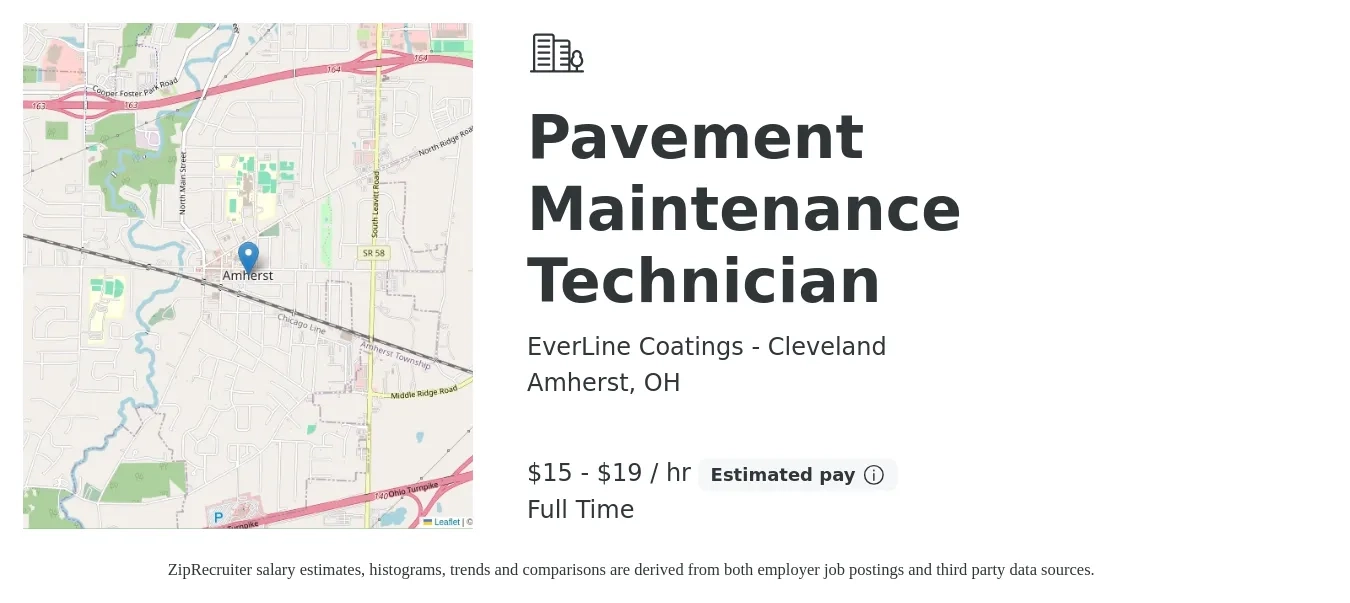 EverLine Coatings - Cleveland job posting for a Pavement Maintenance Technician in Amherst, OH with a salary of $16 to $20 Hourly with a map of Amherst location.