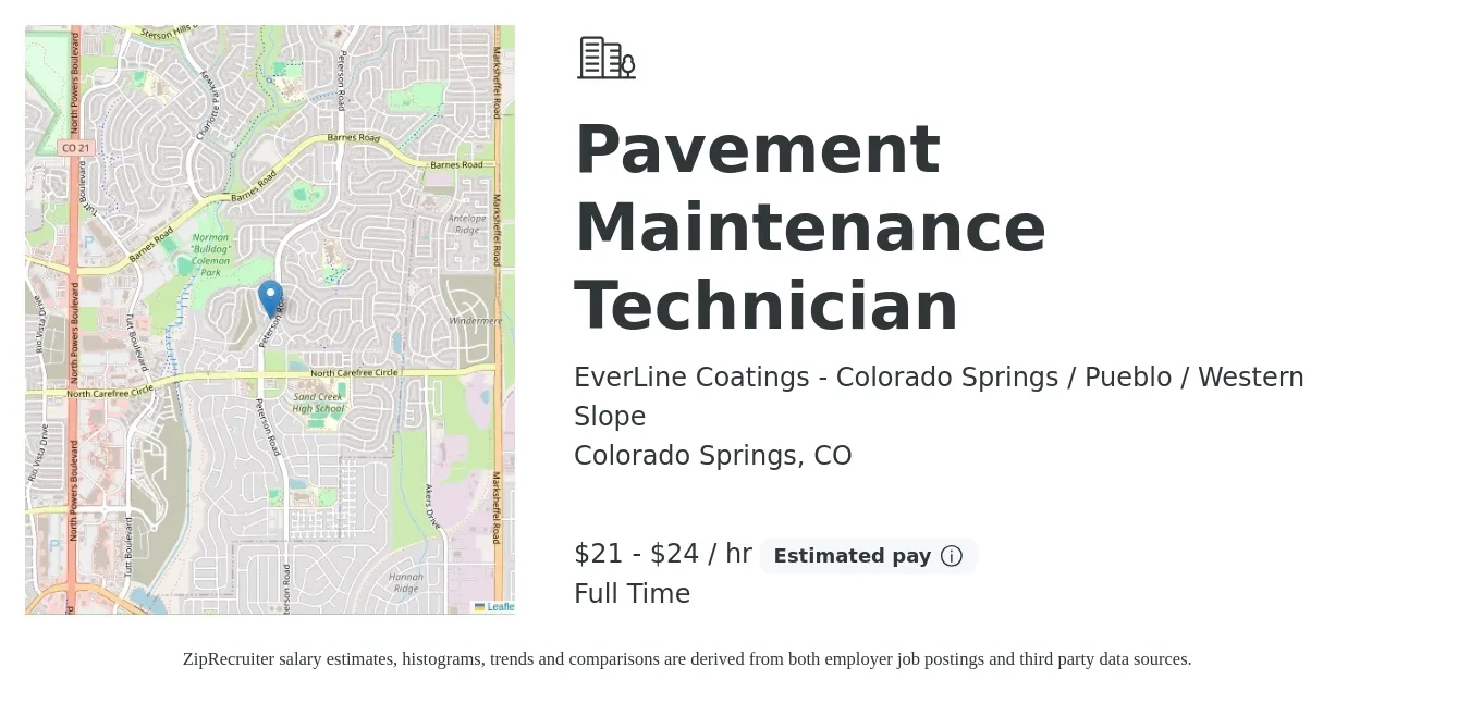 EverLine Coatings - Colorado Springs / Pueblo / Western Slope job posting for a Pavement Maintenance Technician in Colorado Springs, CO with a salary of $22 to $25 Hourly with a map of Colorado Springs location.