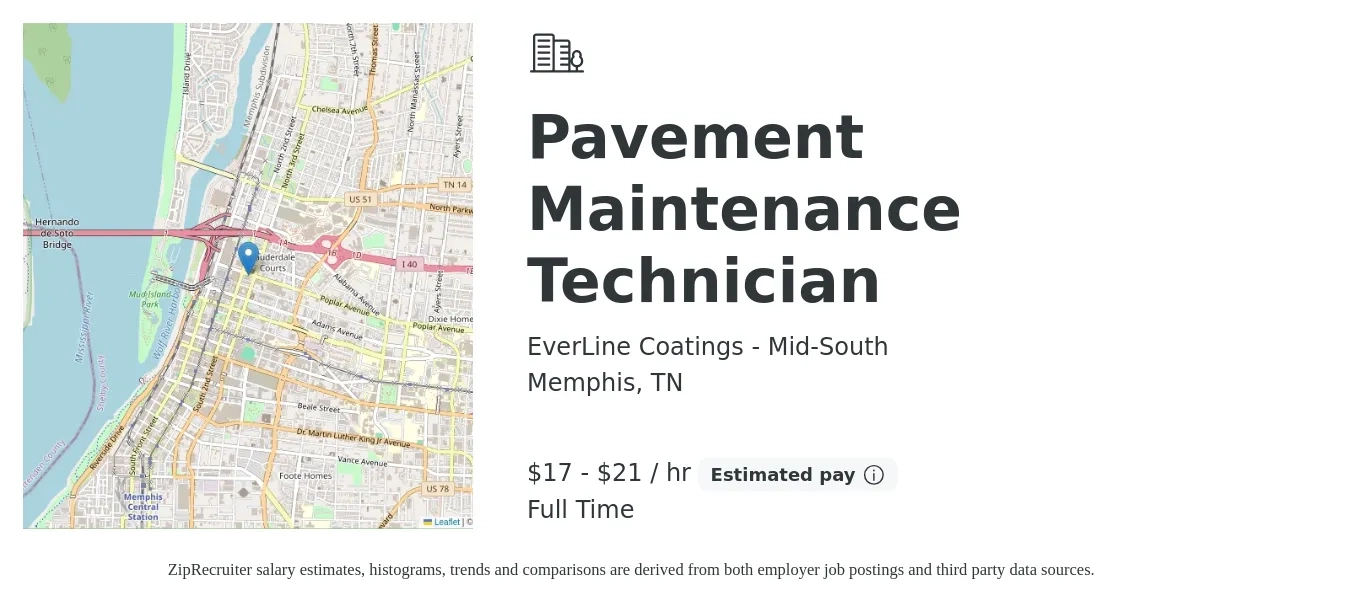 EverLine Coatings - Mid-South job posting for a Pavement Maintenance Technician in Memphis, TN with a salary of $18 to $22 Hourly with a map of Memphis location.