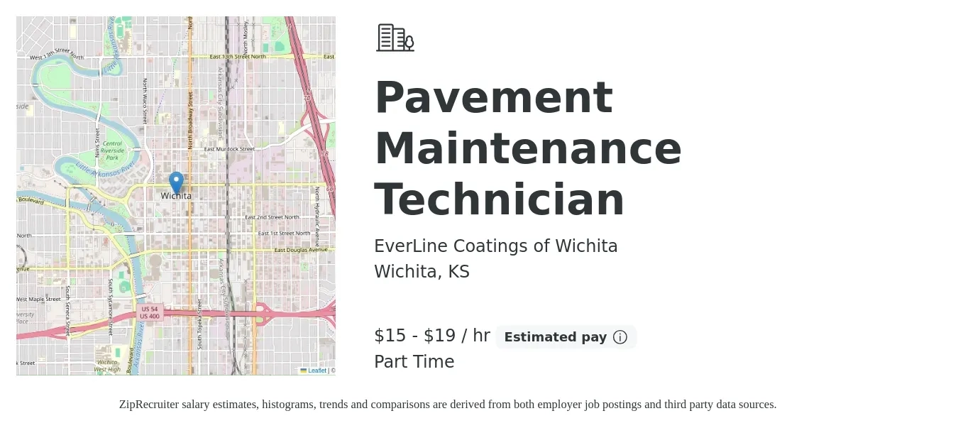 EverLine Coatings of Wichita job posting for a Pavement Maintenance Technician in Wichita, KS with a salary of $16 to $20 Hourly with a map of Wichita location.