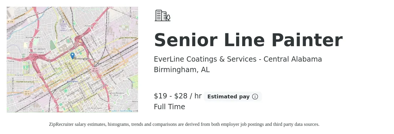 EverLine Coatings & Services - Central Alabama job posting for a Senior Line Painter in Birmingham, AL with a salary of $20 to $30 Hourly and benefits including pto, and retirement with a map of Birmingham location.