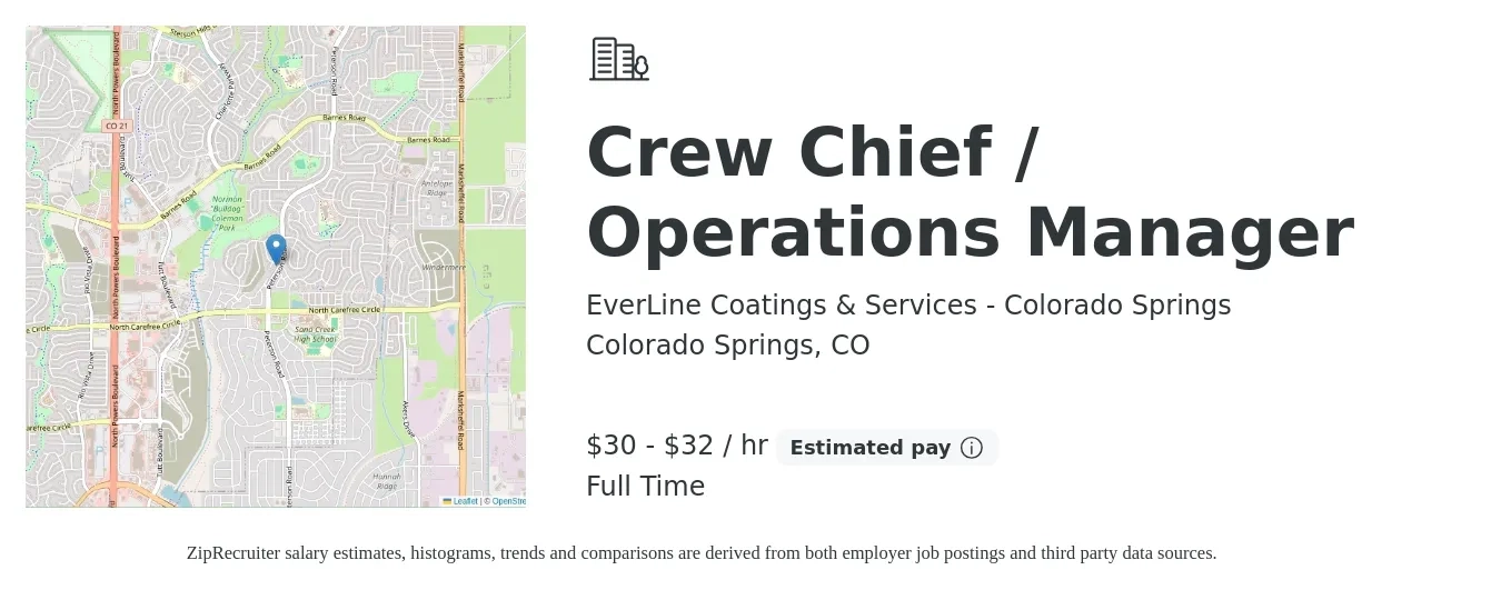 EverLine Coatings & Services - Colorado Springs job posting for a Crew Chief / Operations Manager in Colorado Springs, CO with a salary of $32 to $34 Hourly with a map of Colorado Springs location.