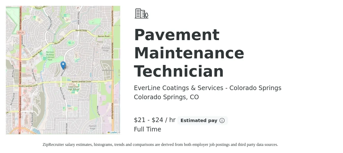 EverLine Coatings & Services - Colorado Springs job posting for a Pavement Maintenance Technician in Colorado Springs, CO with a salary of $22 to $25 Hourly with a map of Colorado Springs location.