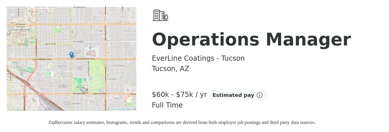 EverLine Coatings - Tucson job posting for a Operations Manager in Tucson, AZ with a salary of $60,000 to $75,000 Yearly with a map of Tucson location.