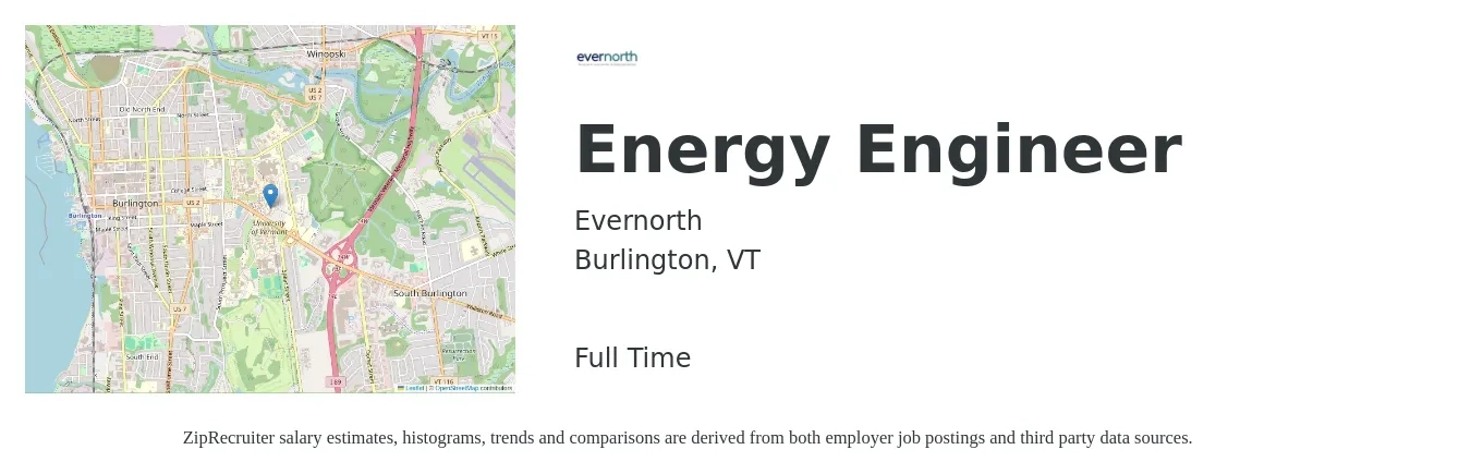 Evernorth job posting for a Energy Engineer in Burlington, VT with a salary of $65,000 to $90,000 Yearly with a map of Burlington location.