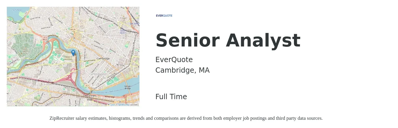 EverQuote job posting for a Senior Analyst in Cambridge, MA with a salary of $96,200 to $127,300 Yearly with a map of Cambridge location.