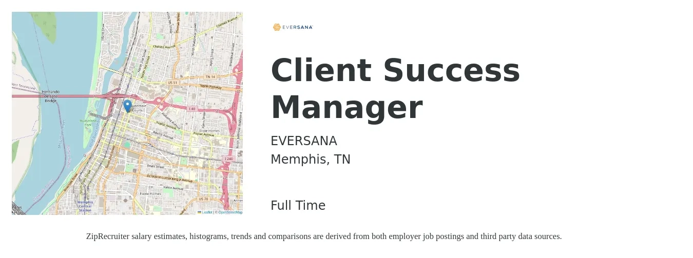 EVERSANA job posting for a Client Success Manager in Memphis, TN with a salary of $57,800 to $96,200 Yearly with a map of Memphis location.