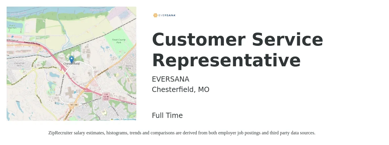 EVERSANA job posting for a Customer Service Representative in Chesterfield, MO with a salary of $16 to $22 Hourly with a map of Chesterfield location.