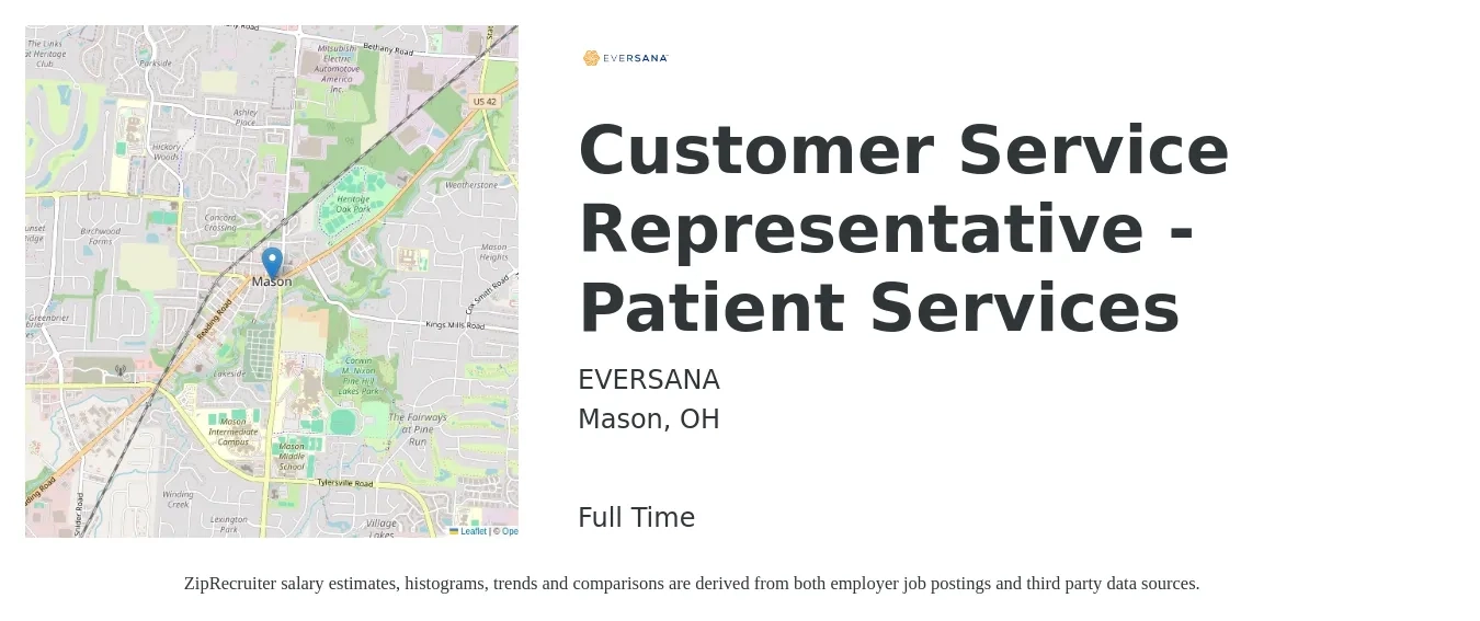 EVERSANA job posting for a Customer Service Representative - Patient Services in Mason, OH with a salary of $15 to $20 Hourly with a map of Mason location.