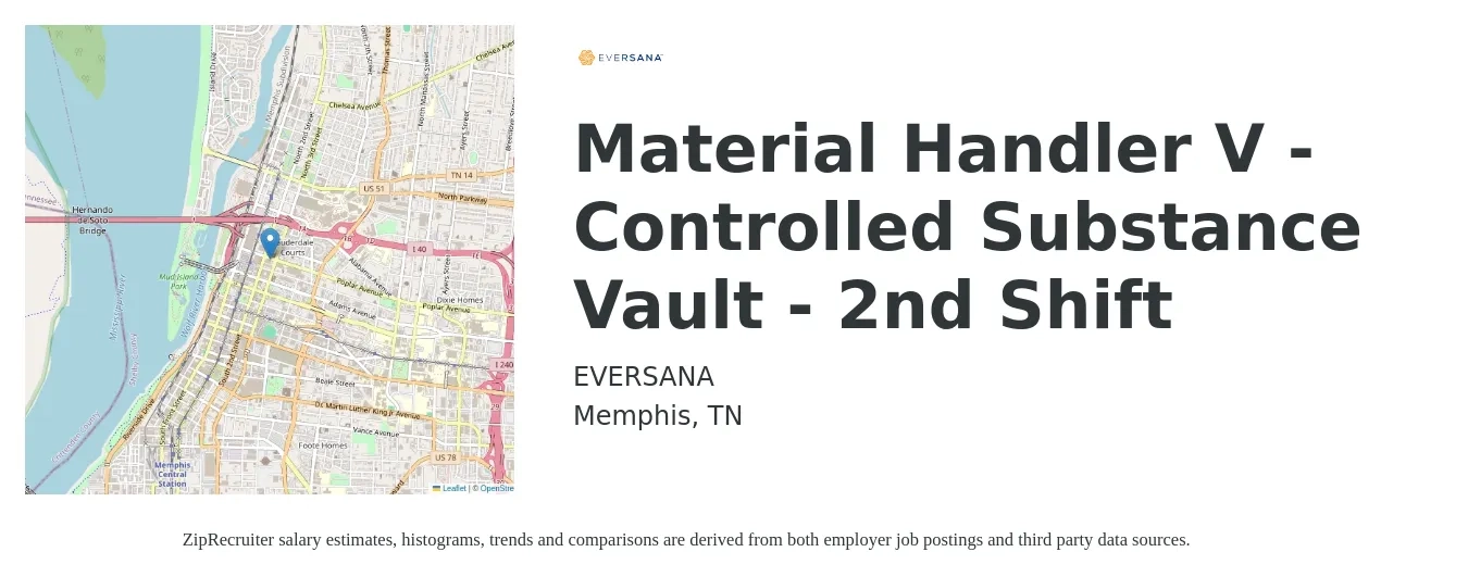 EVERSANA job posting for a Material Handler V - Controlled Substance Vault - 2nd Shift in Memphis, TN with a salary of $15 to $18 Hourly with a map of Memphis location.
