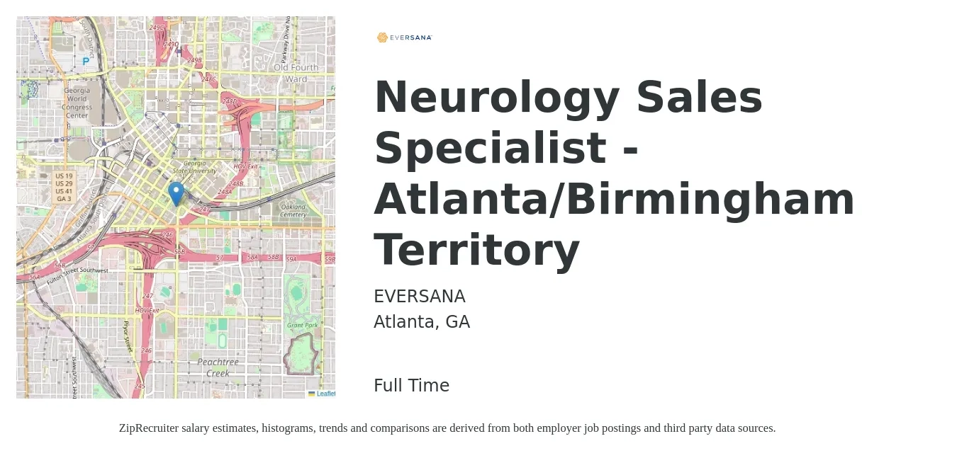 EVERSANA job posting for a Neurology Sales Specialist - Atlanta/Birmingham Territory in Atlanta, GA with a salary of $37,000 to $60,100 Yearly with a map of Atlanta location.