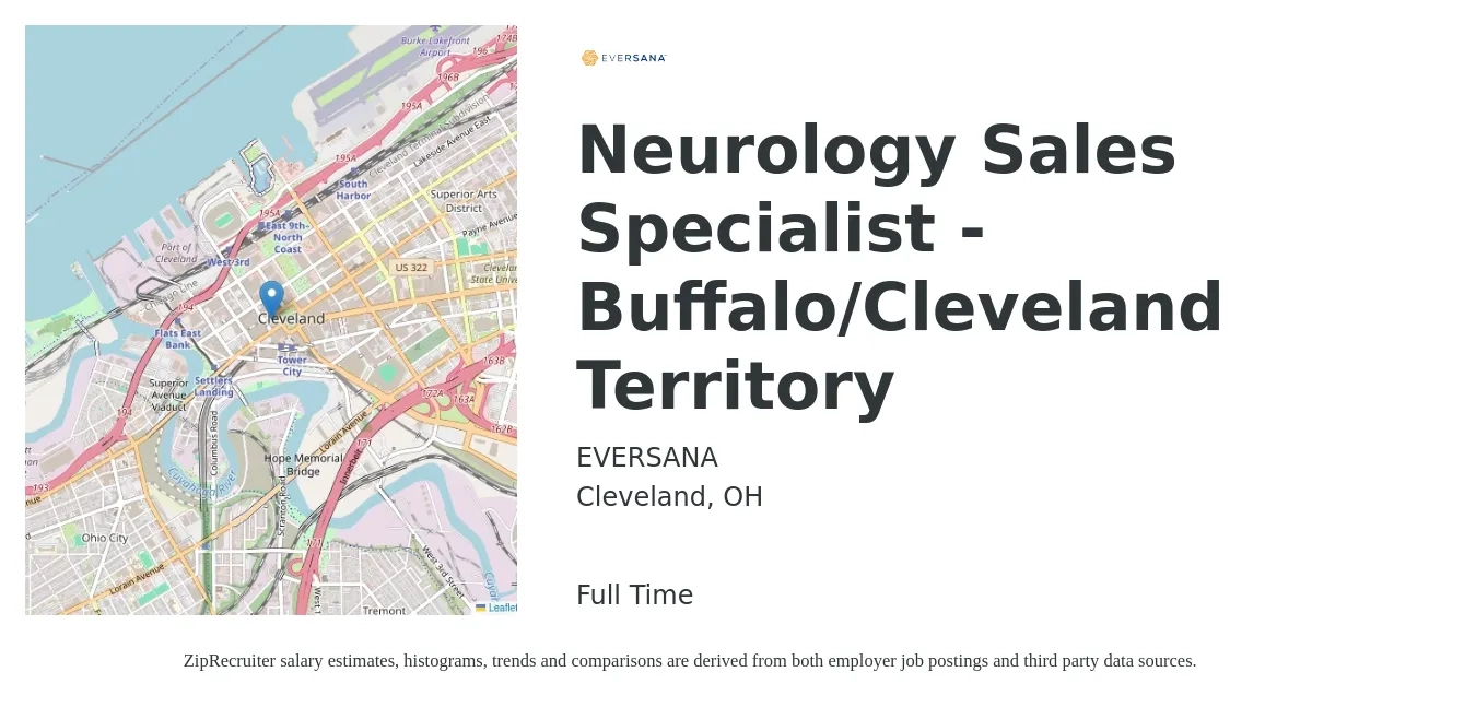 EVERSANA job posting for a Neurology Sales Specialist - Buffalo/Cleveland Territory in Cleveland, OH with a salary of $37,300 to $60,600 Yearly with a map of Cleveland location.