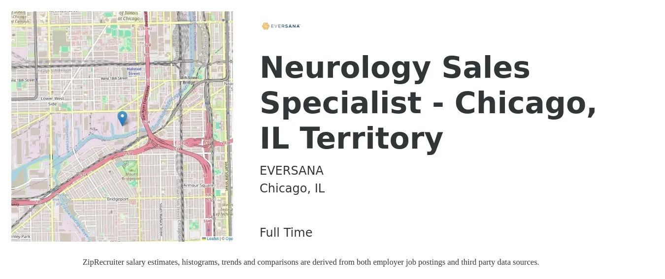 EVERSANA job posting for a Neurology Sales Specialist - Chicago, IL Territory in Chicago, IL with a salary of $39,700 to $64,400 Yearly with a map of Chicago location.