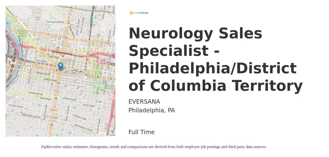 EVERSANA job posting for a Neurology Sales Specialist - Philadelphia/District of Columbia Territory in Philadelphia, PA with a salary of $36,800 to $59,700 Yearly with a map of Philadelphia location.