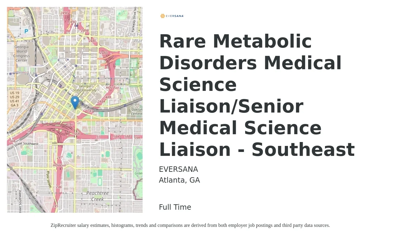 EVERSANA job posting for a Rare Metabolic Disorders Medical Science Liaison/Senior Medical Science Liaison - Southeast in Atlanta, GA with a salary of $35 to $102 Hourly with a map of Atlanta location.