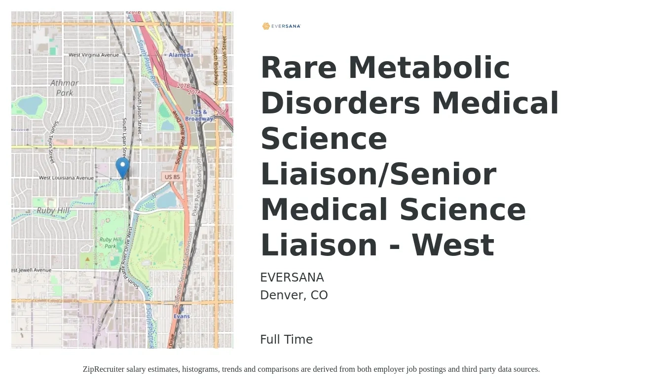 EVERSANA job posting for a Rare Metabolic Disorders Medical Science Liaison/Senior Medical Science Liaison - West in Denver, CO with a salary of $37 to $109 Hourly with a map of Denver location.