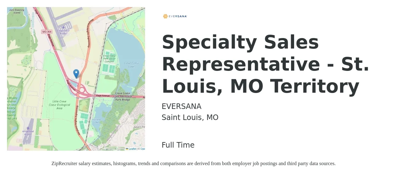 EVERSANA job posting for a Specialty Sales Representative - St. Louis, MO Territory in Saint Louis, MO with a salary of $48,600 to $80,700 Yearly with a map of Saint Louis location.