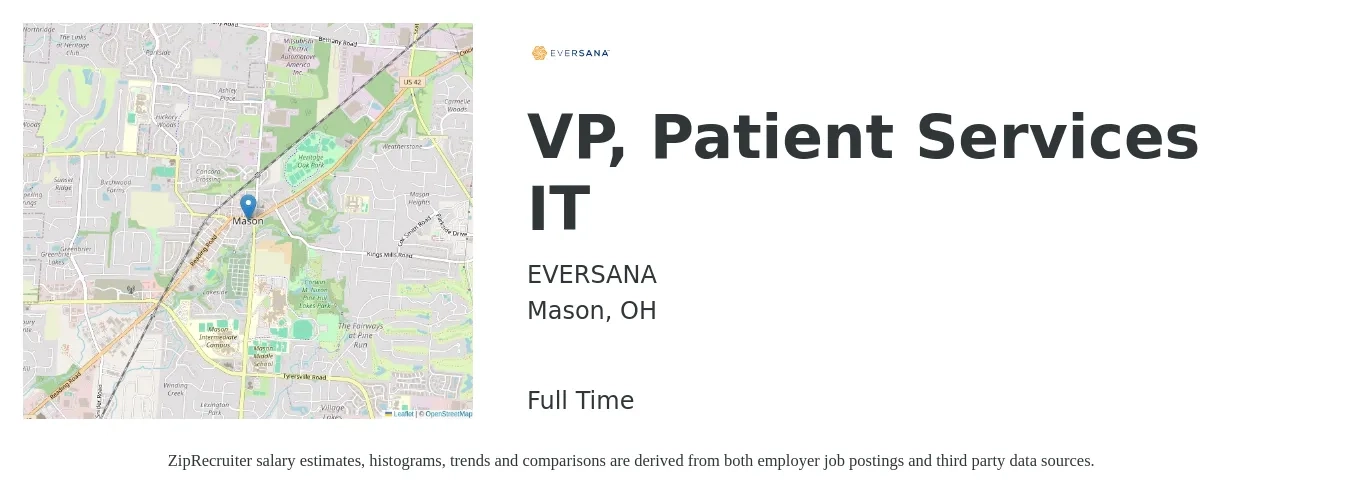 EVERSANA job posting for a VP, Patient Services IT in Mason, OH with a salary of $130,200 to $166,900 Yearly with a map of Mason location.