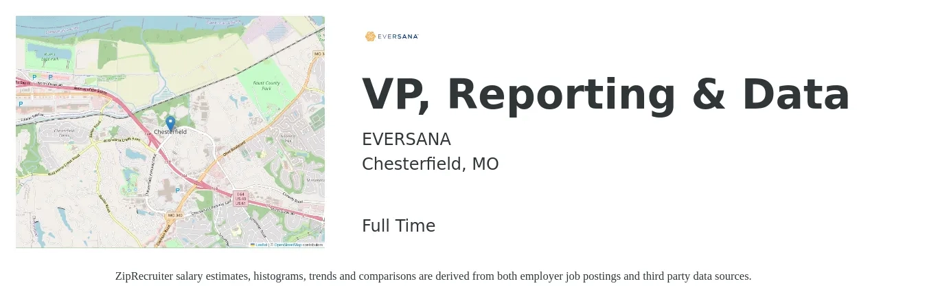 EVERSANA job posting for a VP, Reporting & Data in Chesterfield, MO with a map of Chesterfield location.