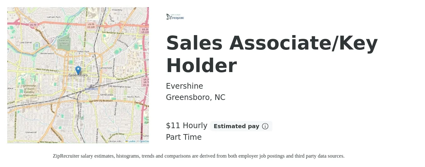 Evershine job posting for a Sales Associate/Key Holder in Greensboro, NC with a salary of $12 Hourly with a map of Greensboro location.