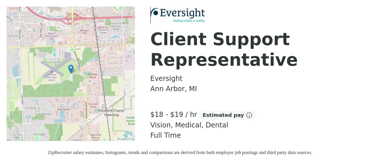 Eversight job posting for a Client Support Representative in Ann Arbor, MI with a salary of $19 to $20 Hourly and benefits including pto, retirement, vision, dental, life_insurance, and medical with a map of Ann Arbor location.