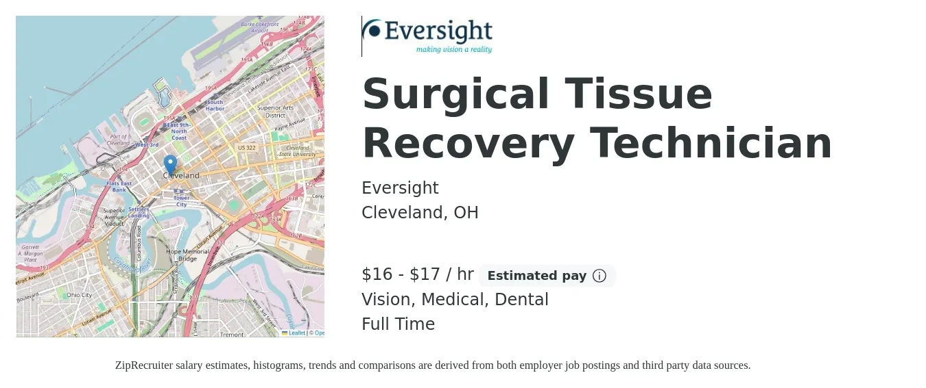 Eversight job posting for a Surgical Tissue Recovery Technician in Cleveland, OH with a salary of $18 to $18 Hourly and benefits including vision, dental, life_insurance, medical, pto, and retirement with a map of Cleveland location.
