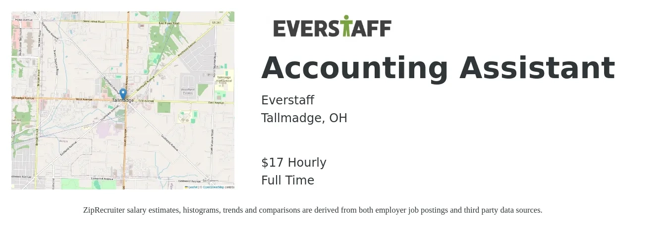 Everstaff job posting for a Accounting Assistant in Tallmadge, OH with a salary of $18 Hourly with a map of Tallmadge location.