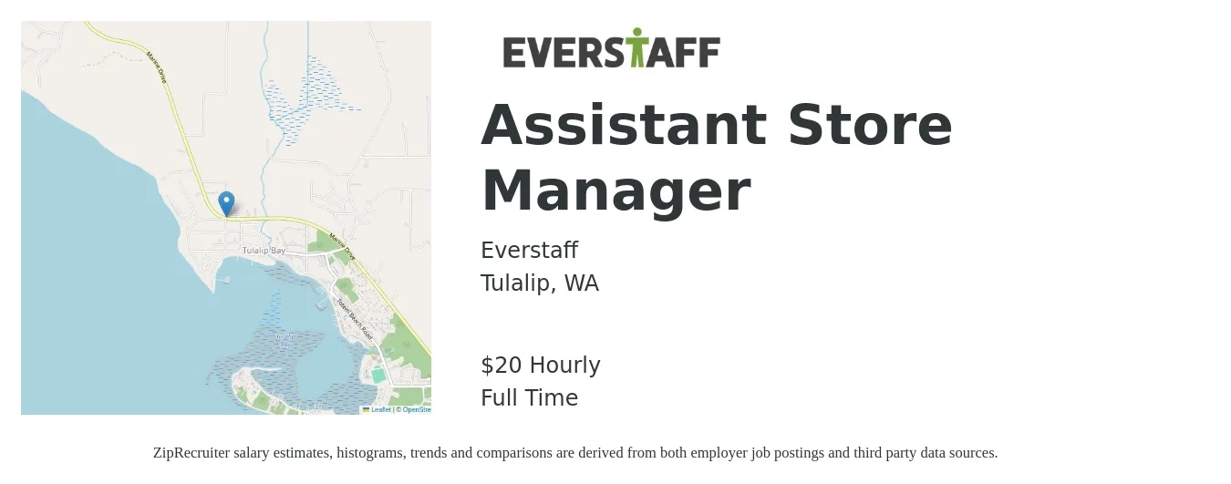 Everstaff job posting for a Assistant Store Manager in Tulalip, WA with a salary of $21 Hourly with a map of Tulalip location.