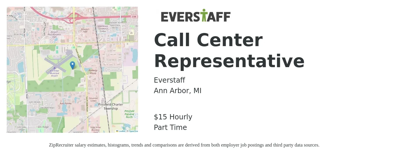 Everstaff job posting for a Call Center Representative in Ann Arbor, MI with a salary of $16 Hourly with a map of Ann Arbor location.