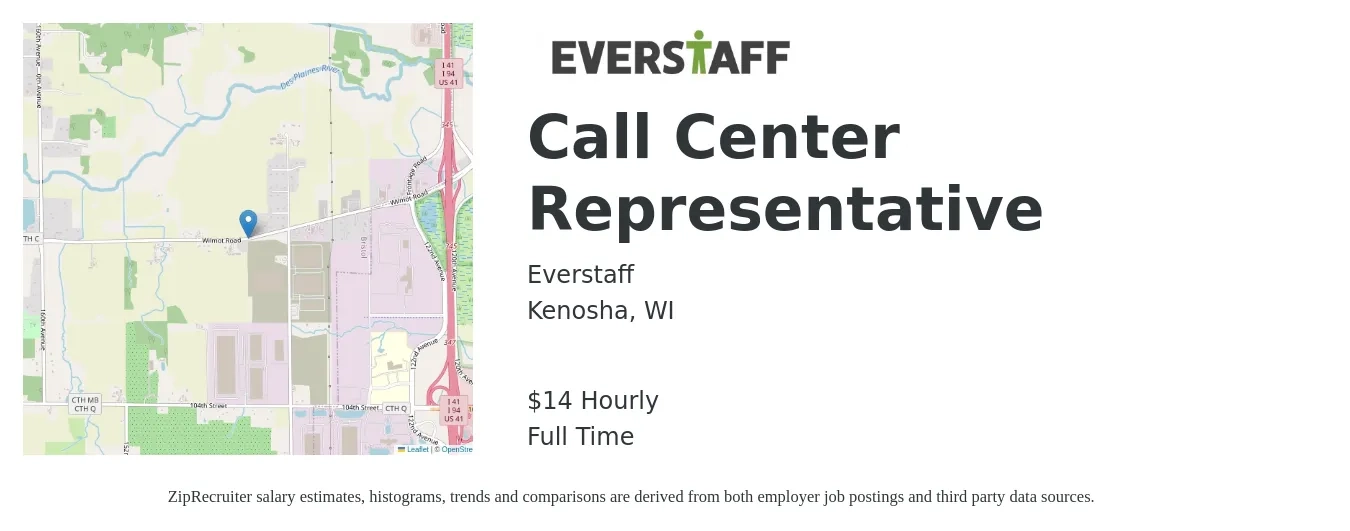 Everstaff job posting for a Call Center Representative in Kenosha, WI with a salary of $16 to $20 Hourly with a map of Kenosha location.