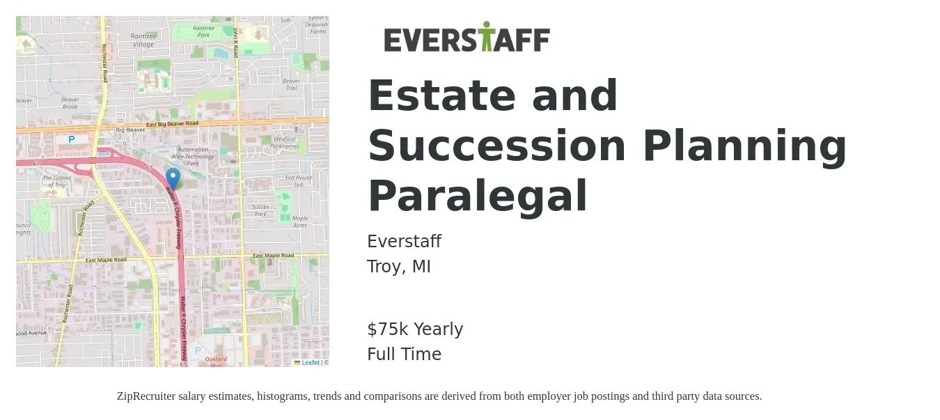Everstaff job posting for a Estate and Succession Planning Paralegal in Troy, MI with a salary of $75,000 Yearly with a map of Troy location.