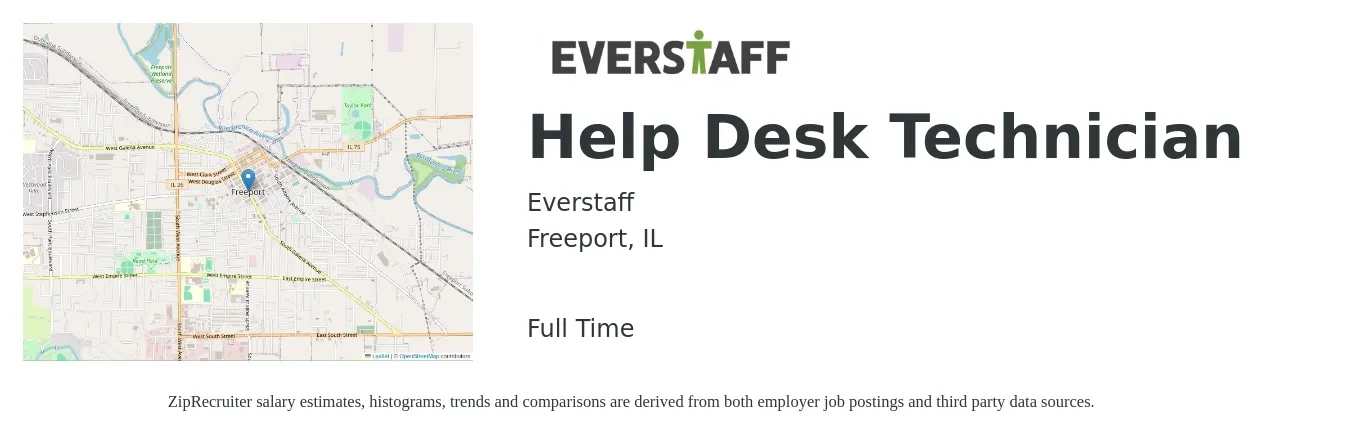 Everstaff job posting for a Help Desk Technician in Freeport, IL with a salary of $19 to $26 Hourly with a map of Freeport location.