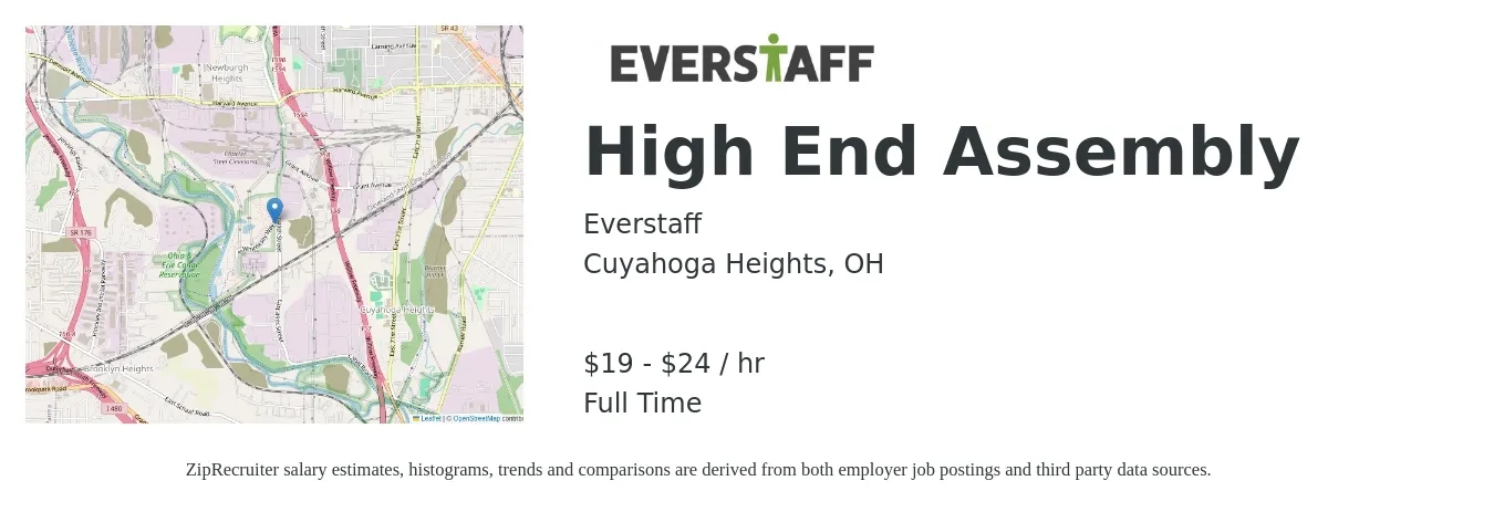 Everstaff job posting for a High End Assembly in Cuyahoga Heights, OH with a salary of $20 to $25 Hourly with a map of Cuyahoga Heights location.