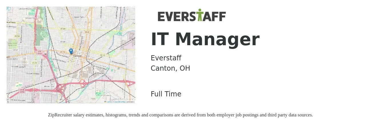 Everstaff job posting for a IT Manager in Canton, OH with a salary of $88,800 to $108,900 Yearly with a map of Canton location.