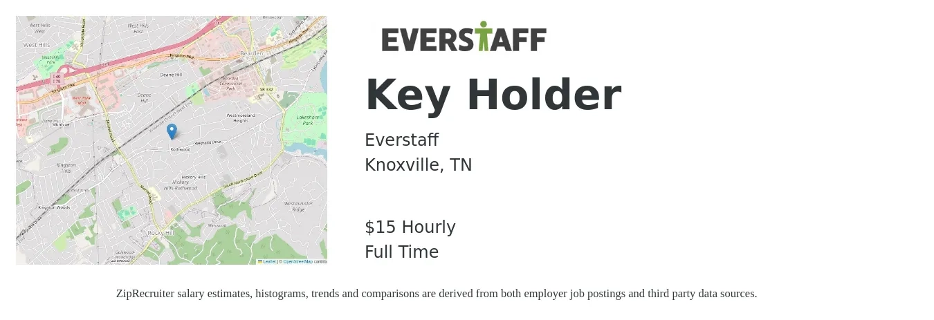 Everstaff job posting for a Key Holder in Knoxville, TN with a salary of $16 Hourly with a map of Knoxville location.