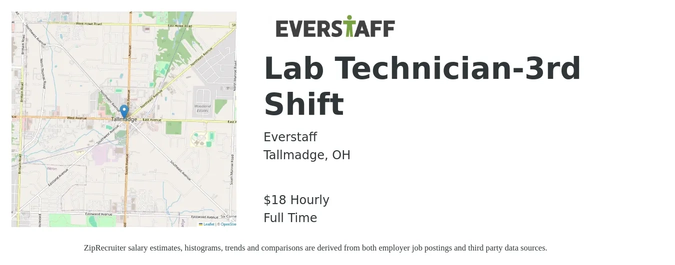 Everstaff job posting for a Lab Technician-3rd Shift in Tallmadge, OH with a salary of $20 Hourly with a map of Tallmadge location.