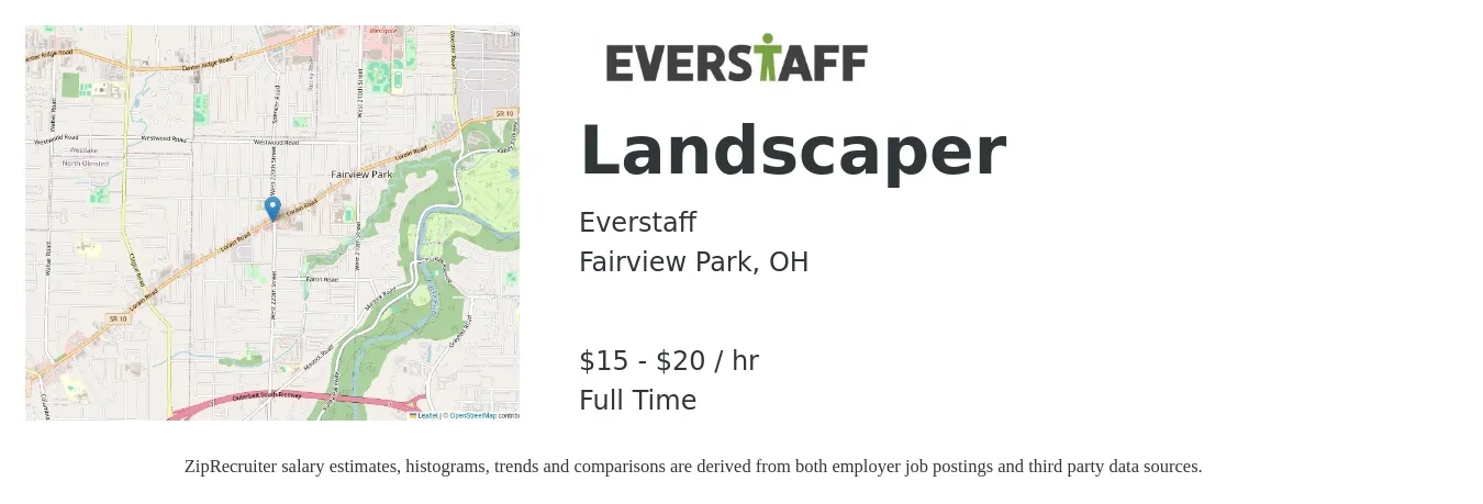 Everstaff job posting for a Landscaper in Fairview Park, OH with a salary of $16 to $21 Hourly with a map of Fairview Park location.