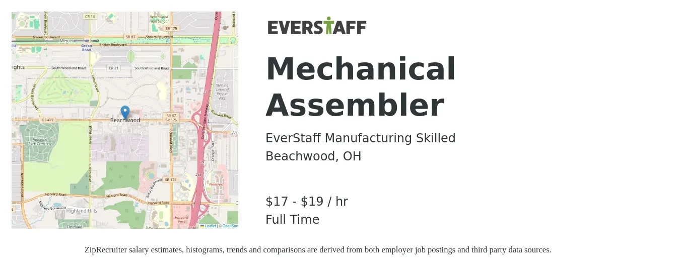 EverStaff Manufacturing Skilled job posting for a Mechanical Assembler in Beachwood, OH with a salary of $18 to $20 Hourly with a map of Beachwood location.