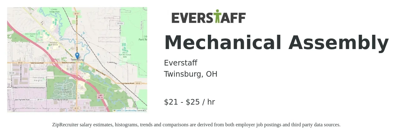 Everstaff job posting for a Mechanical Assembly in Twinsburg, OH with a salary of $22 to $27 Hourly with a map of Twinsburg location.