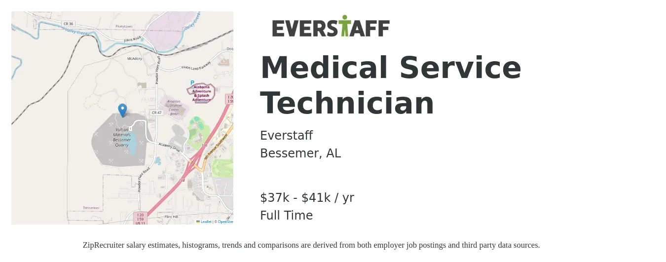 Everstaff job posting for a Medical Service Technician in Bessemer, AL with a salary of $37,000 to $41,600 Yearly with a map of Bessemer location.
