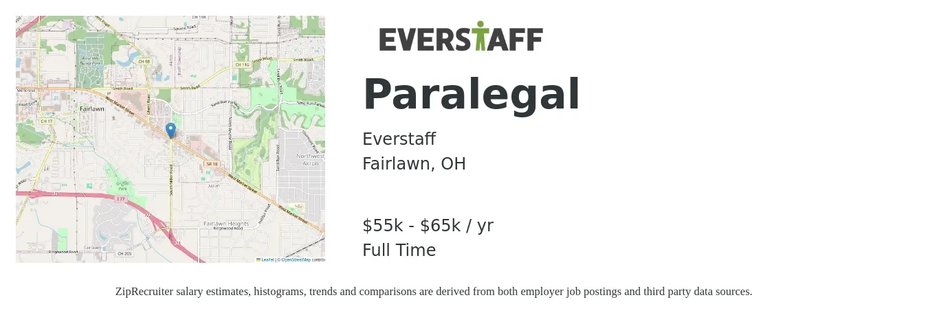 Everstaff job posting for a Paralegal in Fairlawn, OH with a salary of $55,000 to $65,000 Yearly with a map of Fairlawn location.