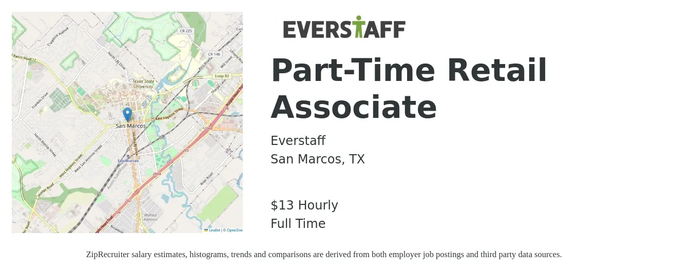 Everstaff job posting for a Part-Time Retail Associate in San Marcos, TX with a salary of $14 Hourly with a map of San Marcos location.