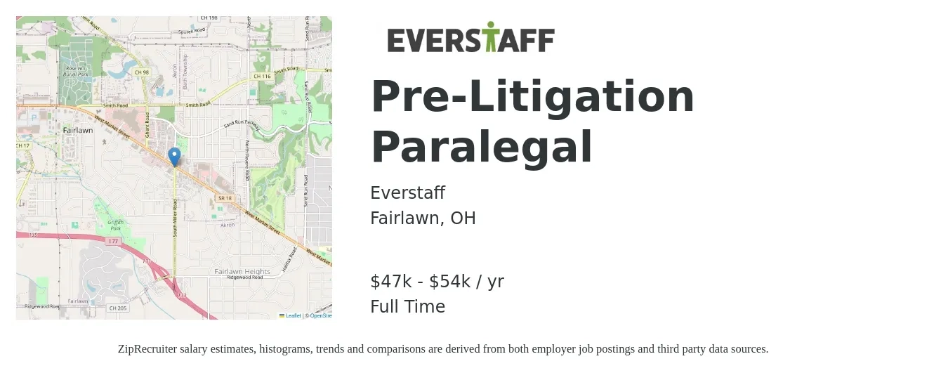 Everstaff job posting for a Pre-Litigation Paralegal in Fairlawn, OH with a salary of $47,000 to $54,000 Yearly with a map of Fairlawn location.