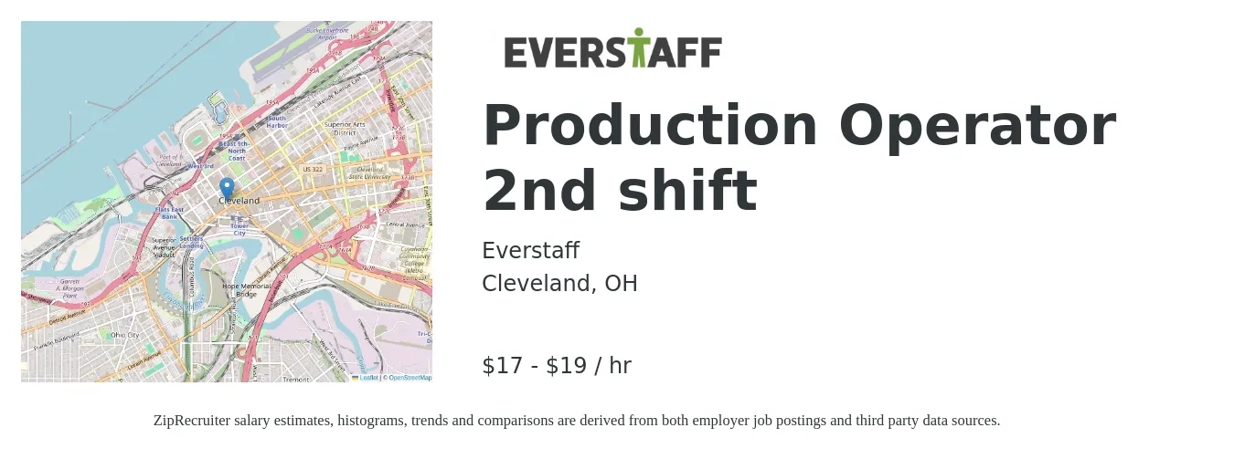 Everstaff job posting for a Production Operator 2nd shift in Cleveland, OH with a salary of $18 to $20 Hourly with a map of Cleveland location.