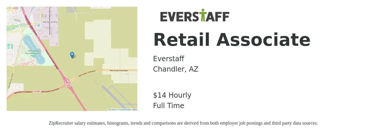 Everstaff job posting for a Retail Associate in Chandler, AZ with a salary of $15 Hourly with a map of Chandler location.