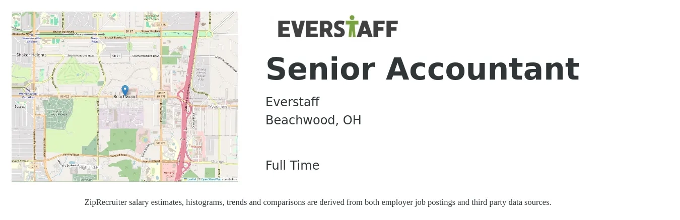 Everstaff job posting for a Senior Accountant in Beachwood, OH with a salary of $71,100 to $89,400 Yearly with a map of Beachwood location.