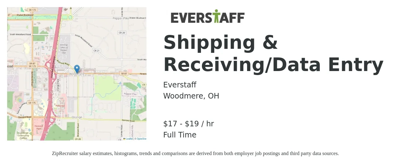Everstaff job posting for a Shipping & Receiving/Data Entry in Woodmere, OH with a salary of $18 to $20 Hourly with a map of Woodmere location.